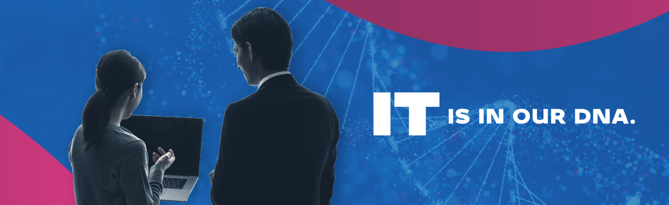 Graphic showing a man and woman looking at a computer with the message "IT IS IN OUR DNA"